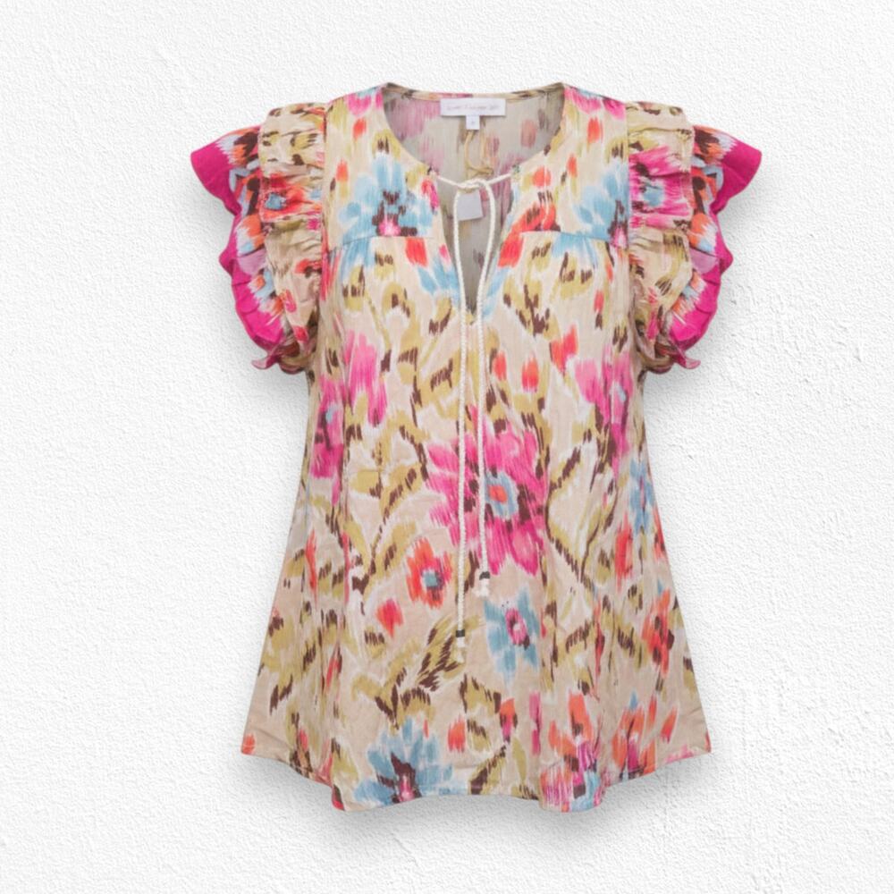 House of Harlow Pink Floral Zoey Khaki Floral Ruffle Sleeve Blouse Size Large
